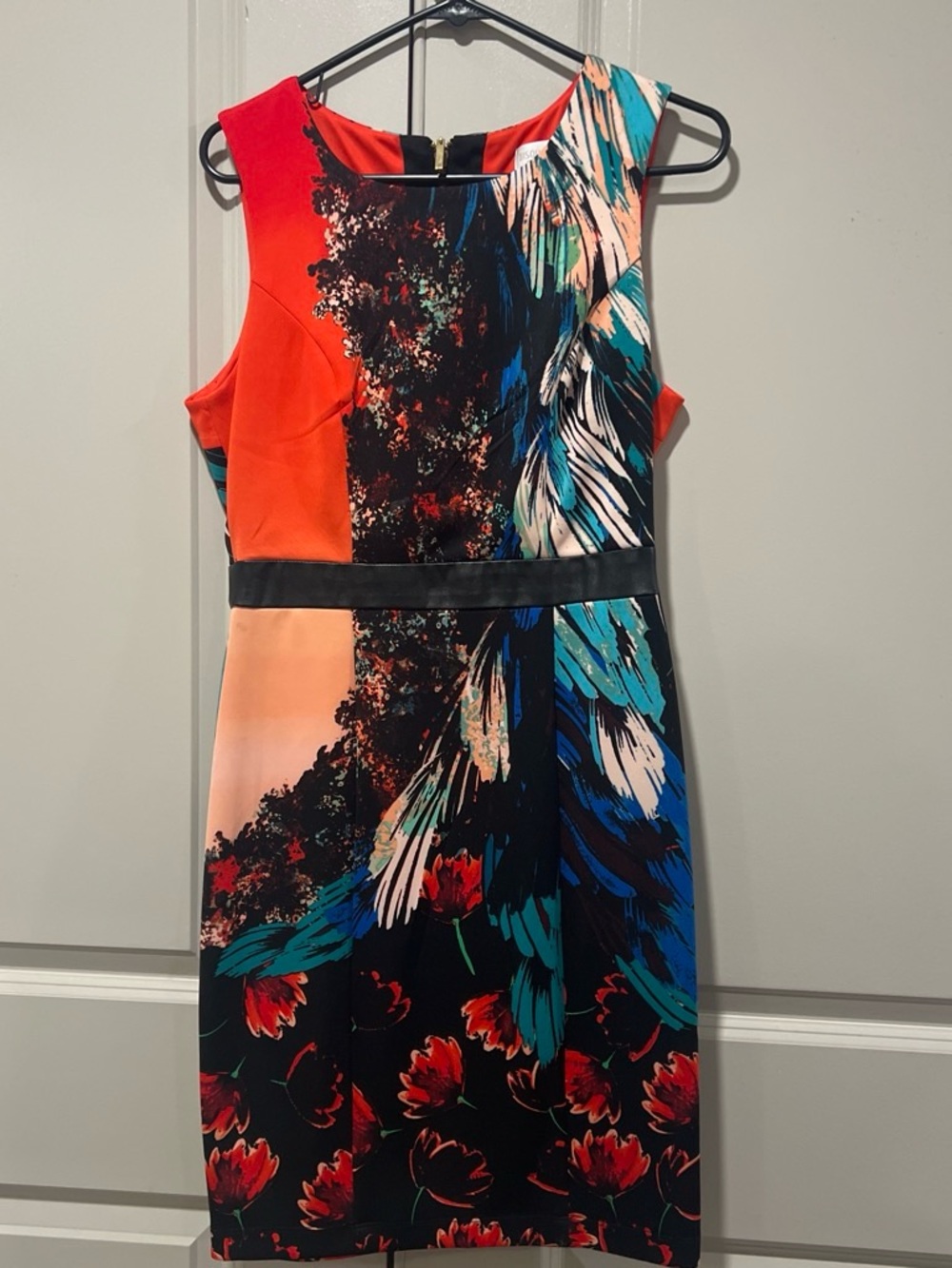 Bisou Bisou Sleeveless Abstract Floral Sheath Dress in Red, Teal & Black